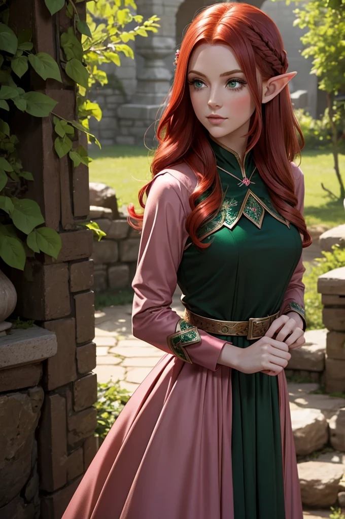 adult, beautiful, redhead, side part hairstyle, dark green eyes, pink dress, elf, sorcerer, fantasy