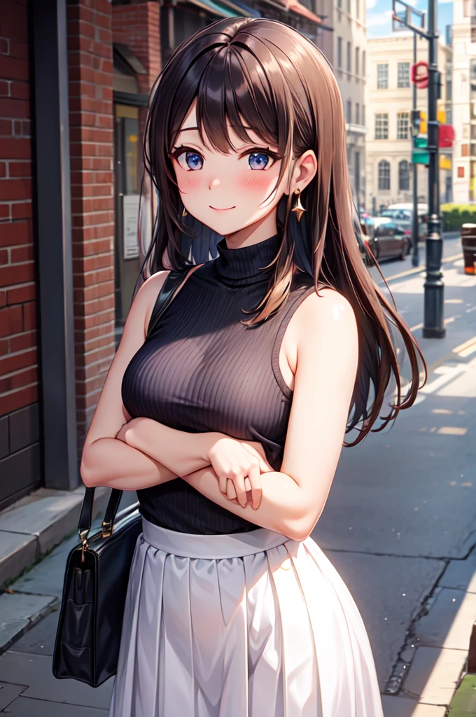 (high quality, High resolution, Fine details), Brick Street, Sunlight shining, break (Black knit sleeveless high neck), break White pleated long skirt, Flowing fabric, break Standing, alone, Curvy Women, Sparkling eyes, (Fine grain:1.2), Natural Makeup, Earrings, smile, blush, Sweat, Oily skin, Soft colors, Breeze, Bokeh, Shallow depth of field