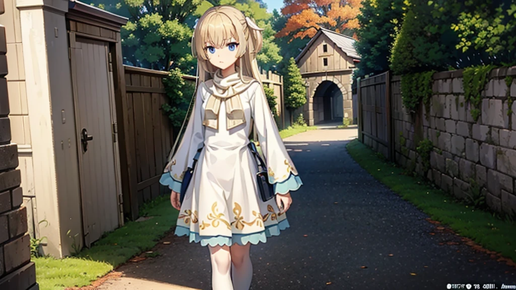 ((masterpiece)),(best quality),Official Art,Extremely detailed CG,Unity 8K wallpaper,Very detailed,Beautiful and delicate eyes,Extremely detailed face,1 girl,solitary,,(whole body:1.5),(small:1.3),,Getchu Beautiful Girl Game Awards 2023 Magazine Cover,Sunny and cloudless,autumn,France,Walking on Mont Saint Michel,Wearing a red silk scarf,Brown coat,This old stone wall is mottled with beige,Warm and soft light