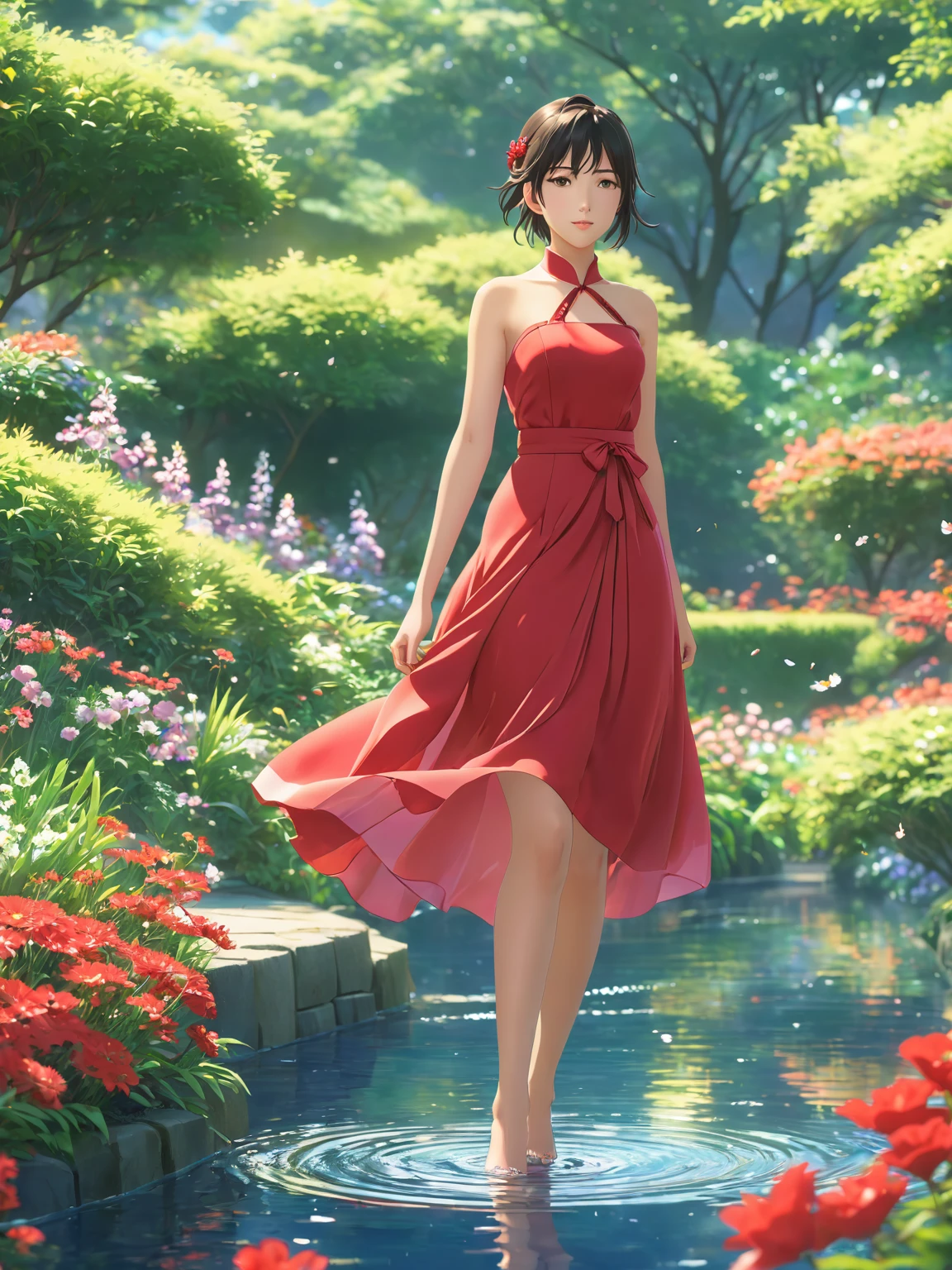 Very delicate and beautiful,非常にdetailed,CG,Unity,8K壁紙,wonderful,detailed,masterpiece,The best quality in the best condition,Official Art,非常にdetailed CG 8K Unbelievably ridiculous resolution,Beautiful and exquisite,High resolution,非常にdetailedな目と顔,Anime girl in a red dress standing in a garden with flowers, Anime Style 4 k, anime art wallpaper 4k, anime art wallpaper 4k, アニメアート壁紙 8K, Beautiful anime artwork, Anime girl walking on water, Makoto Shinkai Cyril Rolland, Beautiful digital art, Beautiful anime art, Beautiful Art UHD 4K, Anime Style. 8K