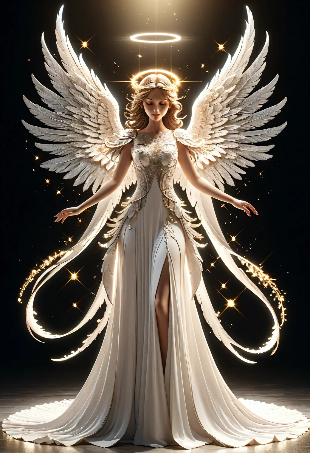 Angel, Angel in long white dress descending from the air, detailed angel wings, detailed dress, glowing angel ring on head, fantasy, detailed glowing outline, beautiful angel, detailed face,  glowing details, intricate detail rendering, 3D rendering, Octane render, breathtakingly beautiful CG