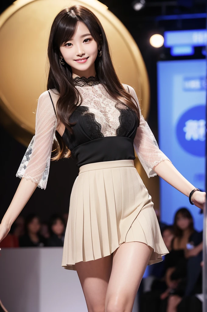 Amazingly large eyes、Smiling face、H cup bust、50cm waist、Slender and fair-skinned、Japan woman with long hair、20-year-old、Slim figure、Wearing a pale-colored pleated skirt and a sheer lace blouse、Wearing high heels。On the runway at a fashion show、Her whole body was shown, from her high heels to her head, as she walked towards the viewer.、Bright, photo-quality images。