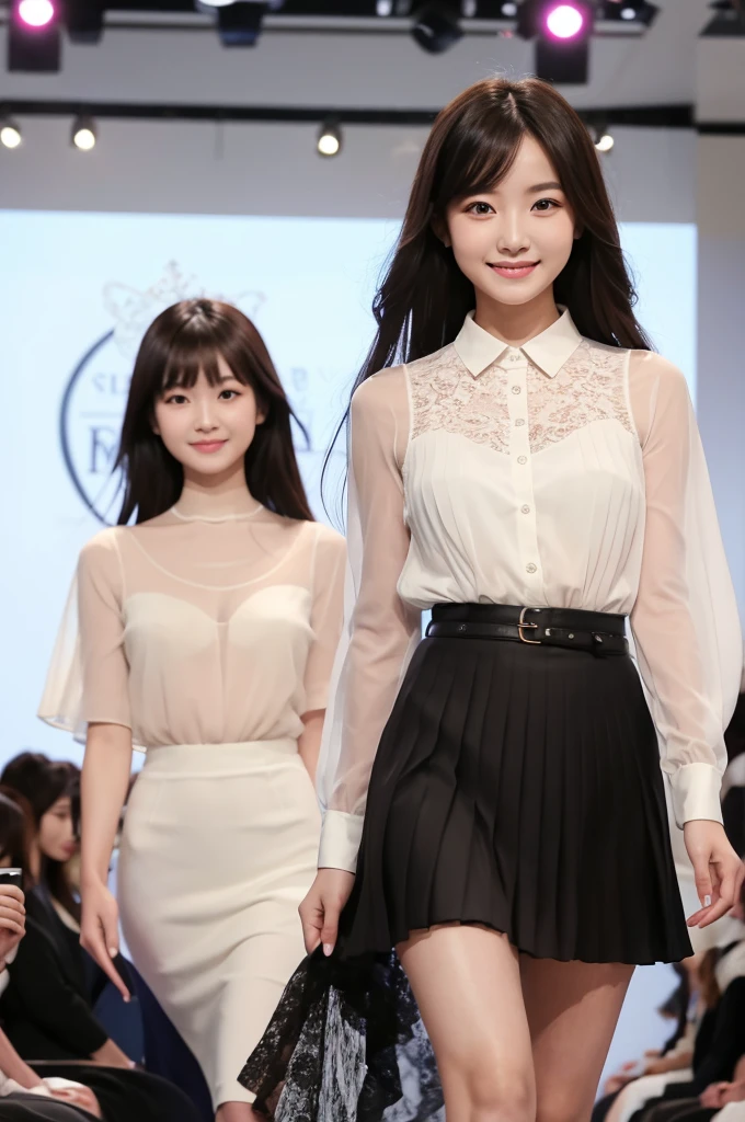 Amazingly large eyes、Smiling face、H cup bust、50cm waist、Slender and fair-skinned、Japan woman with long hair、20-year-old、Slim figure、Wearing a pale-colored pleated skirt and a sheer lace blouse、Wearing high heels。On the runway at a fashion show、Her whole body was shown, from her high heels to her head, as she walked towards the viewer.、Bright, photo-quality images。