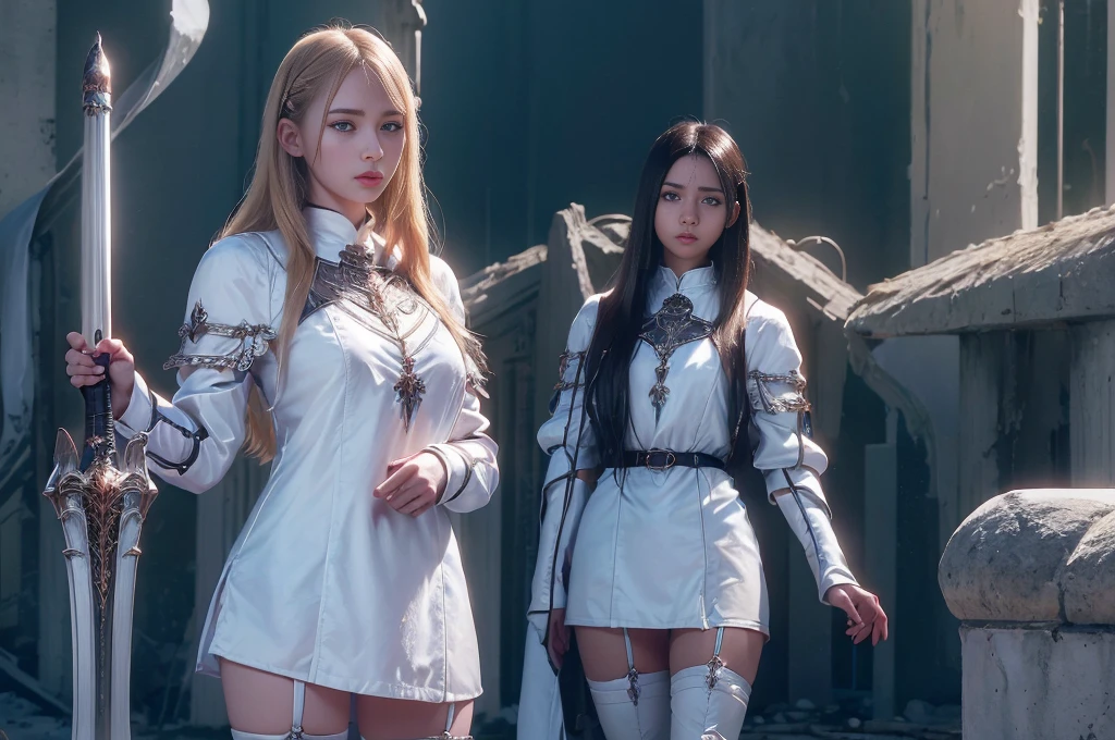 top quality、masterpiece、Very high resolution、(Photorealistic: 1.4)、Raw photo、2 girls, long straight blond hair cut in a bob, light blue eyes,(beautiful breasts)、glowing skin、(((beautiful faces European detailed)))、With a beautiful sword and shield、magnificent and resplendent luminous girls,(Beautiful silver sexy armor、(((random hair))),(((Beautiful legs))), (Proportionate breasts)、Seductive gaze、((Background of decaying beautiful dungeon ruins))、(Ultimate beauty)、(Detailed and realistic beauty face)、(Fighting demonic beasts)、(Small LED)、((Details super realistic))、Portlate、(Strong giant demonic beast background), Global lighting, shadow, octan rendering, 8K, ultra-sharp, raw skin exposed in neckline, metals, intricate ornament details, highly intricate details, light realistic (mystical expression), CGSoation trend, brilliant. eyes、Face the camera)、Gundam、Small LED