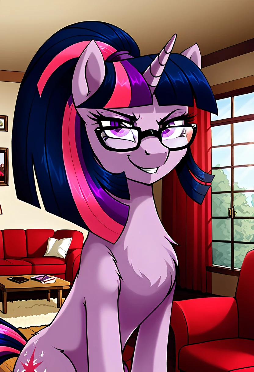 Twilight Sparkle, female, pony, ponytail, black glasses, very Shaggy fur, very soft fur, evil smug smile, in the living room 