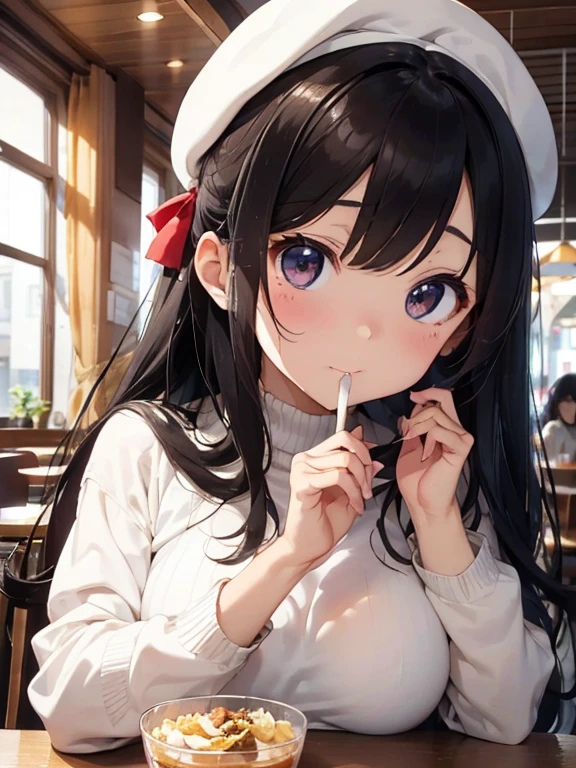 Eat a parfait at a cafe、Amazingly beautiful girl、Long brown hair、Put food in mouth、Looking at the camera、Embarrassed look、sweater、Big eyes、Glossy hairstyles、Beautiful eyes that seem to draw you in、White Beret、Red cheeks、Put the parfait into your mouth with a spoon、Long black hair、Big Breasts