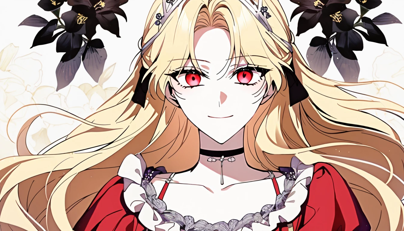 (shoujo-style), masterpiece, newest, floral background, romance manhwa, 1girl, blonde hair, solo, long hair, flower, dress, tiara, white dress, gloves, long sleeves, choker, red eyes, white gloves, black bow, black flower, wavy hair, bow, jewelry, looking at viewer, white background, collarbone, puffy sleeves, silver accessories, upper body, parted bangs, very long hair, red dress, frills, bangs, closed mouth, smile, cowboy shot, dynamic pose, dynamic angle, dynamic cut