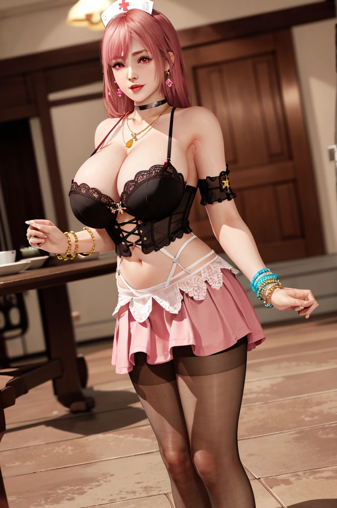 Honoka, Colorful maid costume ,Super short pleated skirt, bracelet,ring, Nurse,Pink Hair,Huge breasts,Cleavage,Low-cut,miniskirt,pantyhose,cute,necklace,earrings,Dining room,coffee,Donut,cake,cap,Lace,Red lips,shy,cute,Medical care