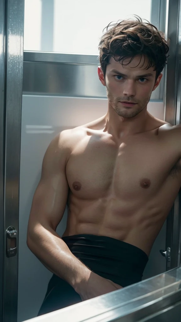 Jamie dornan, 1man,Masterpiece,Best quality,Realistic,A photo of a beheaded head lain in a steel box,pale skin,very very handsome,perfect face,cute face,Clean face,Comb-over hairstyle,black short hair,looking at viewers,Only from the neck up, Soft lighting,high view,exquisite detailing,8K UHD,(  the concept from the anime "Kemono Jihen" )