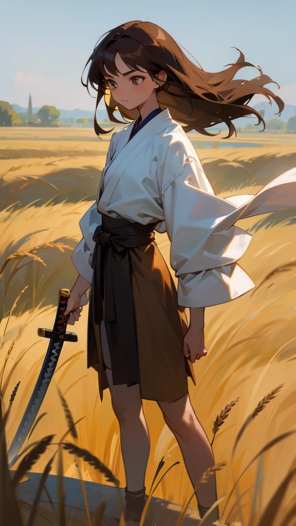 A -yeld giwith shoulder-length brown hair. turned around, wearing ancient clothes while holding his katana with his right hand. Standing on a wheat field. skinny.