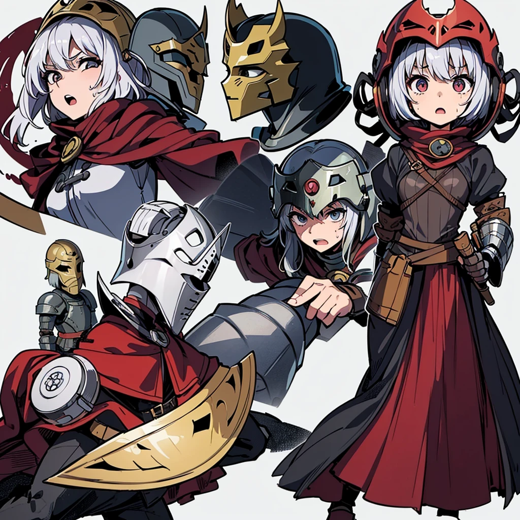 (Chibi Character)、((Full body character concept, Detailed character design、10 people))、Highest quality, Best Quality,Best illustrations、((((Iron Mask、Iron helmet、Iron Mask)))),Medieval Armor、Medieval Knight、Full grey armor、(((20-year-old male)))、(battle)、battlefield、Movement angle、Grab the sword、wasteland、(Fighting stance)、Run、dash、(((White background)))、(multiple)、early、(get annoyed、Open your mouth、Sweat、Various expressions)