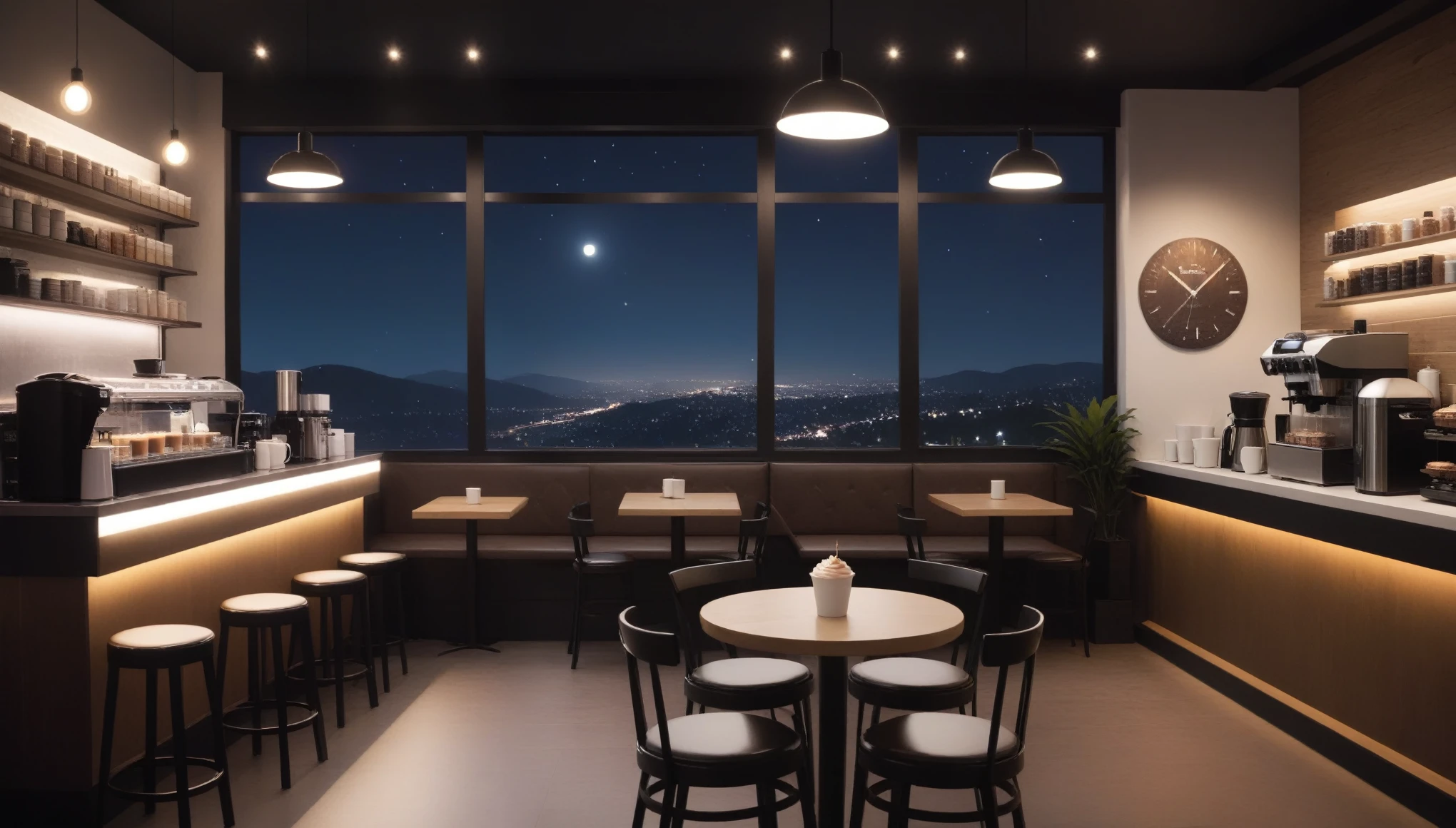 at night, frontal shot coffee shop interior, tables with coffee cups, and a big window in the center