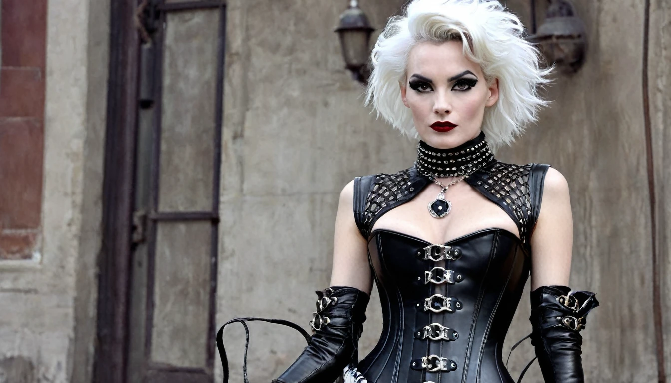 Very thin. Naked sexy Cruella de ville in bdsm style. A very magnificent hairstyle. Shiny steel bracelets, choker necklace. leather corset, high lace-up boots.