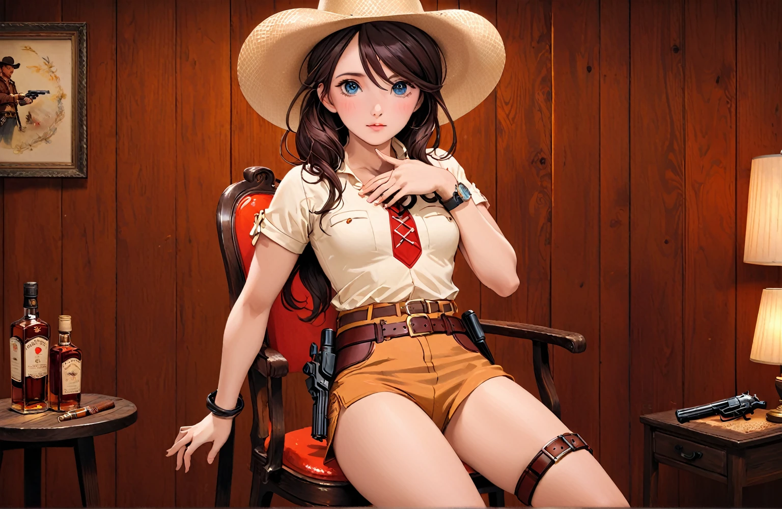 (((1 person:2.5))),(((NSFW:1.9))),(((Nude:1.9))),(((Naked Cowgirls:1.5)))(((Wear a gun belt with a holster:1.8))),,((Put the watch on your wrist:1.5))),(((Showing cleavage))),(((Exposed thin inner thighs))),(((Small breasts:1.5))),(((Bare arms))),(((Put on your boots:1.5))),((Blushed:1.8)), Beautiful detailed girl, Very detailed目と顔, 緻密でBeautiful Eyes, Very detailed, High resolution, Highest quality, masterpiece, Very detailed, 8k wallpaper, wonderful, finely, Highest quality,(Standing in front of a wooden wall),Beautiful Eyes,((Engage your audience:1.5)),((Cowboy Shot:1.5))),((Front shot:1.2)),((Place your right hand on your chest:1.5)),((Drinking whiskey:1.4)),(((Drunk,Cry:1.8))),(((Sit with your legs apart:1.8)))