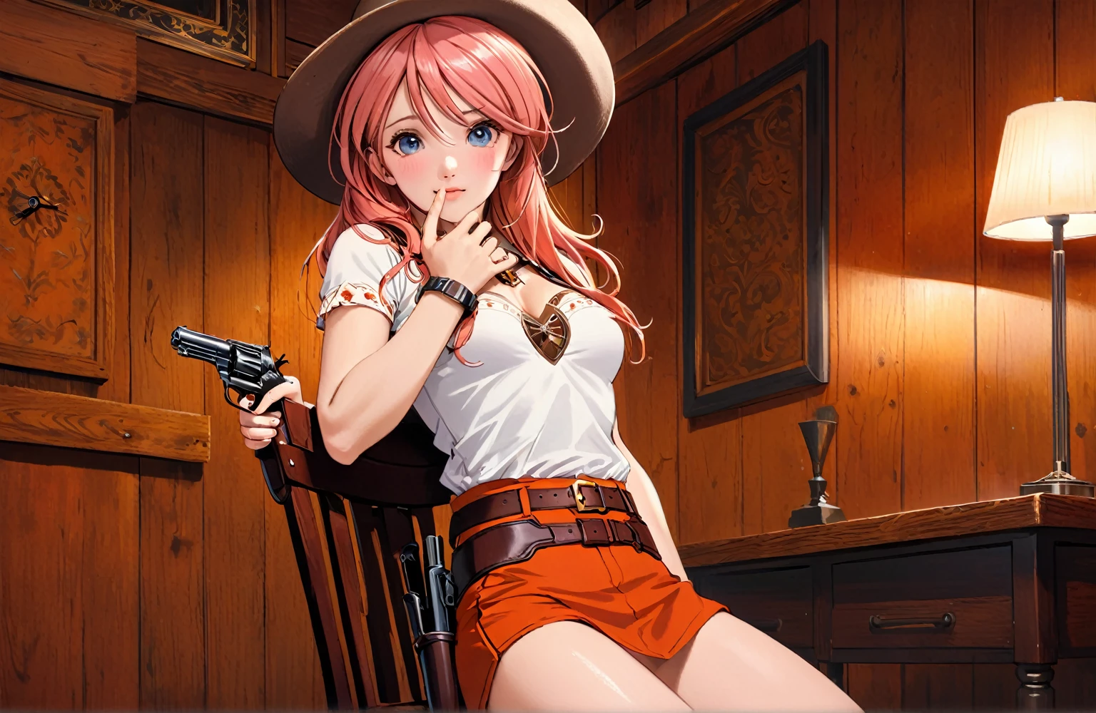 (((1 person:2.0))),((Gemini.Sunrise:1.0)))(((Wearing a gun belt with a holster:1.8))),,((Wear a wrist watch:1.5))),(((Showing cleavage))),(((Exposed thin inner thighs))),(((Small breasts:1.5))),(((Bare arms))),(((Wearing boots:1.5))),((Blushed face:1.8)), Beautiful detailed girl, Very detailed目と顔, 緻密でBeautiful Eyes, Very detailed, High resolution, Highest quality, masterpiece, Very detailed, 8k wallpaper, wonderful, finely, Highest quality,(Standing in front of a wooden wall),Beautiful Eyes,((Engage your audience:1.5)),((Cowboy Shot:1.5))),((Front shot:1.2)),((Put your right hand on your chest:1.5)),((Drinking whiskey:1.0)),(((Drunk,Strong hiccups:1.8))),(((Sit on a chair:1.2)))