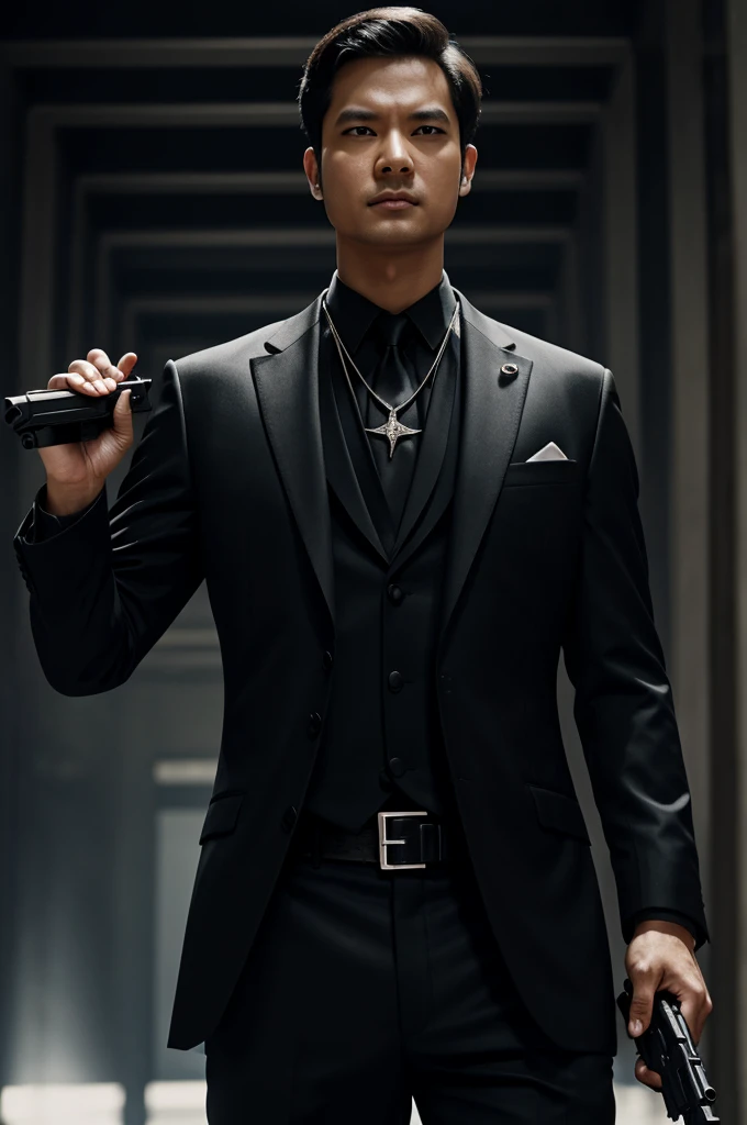 An Ai man in black suit holding a gun. With a necklace pendant named king