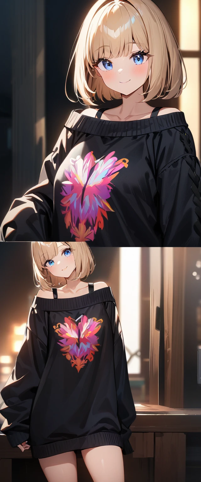 (((One girl))), blond hair, ((sunglasses, hand to sunglasses)), ((one hand on hip)), (bob cut:1.3)), breasts, cleavage, (cowboy shot), standard body, (looking at viewer), oversized clothes, puffy long sleeves, collarbone, ((aran sweater)), ((off-shoulder sweater dress:1.3, Quite thick shoulder straps)), (((sleeves past wrists:1.3))), ((black sweater)), teenager, head tilt:1.3, (((blue eye))), ((happy smile)), (((anime style))), (best quality, 4k, 8k, highres, masterpiece:1.2, ultra-detailed, ultra-detailed eyes, HDR, UHD, studio lighting, ultra-fine painting, sharp focus, physically-based rendering, extreme detail description, professional, vivid colors, bokeh), ((Highest quality, Best image quality, Ultra-high resolution, Ultra-high resolution, solo, Strong eye highlights)), Depth of written boundary, Natural soft light, attractive, Beautiful Face, Cleanliness, Pure Face, nedium chest, Beautiful Face, Perfect Fingers, Perfect hands, Perfect body, Perfect Face, Shine a light into your eyes, Perfect Anatomy