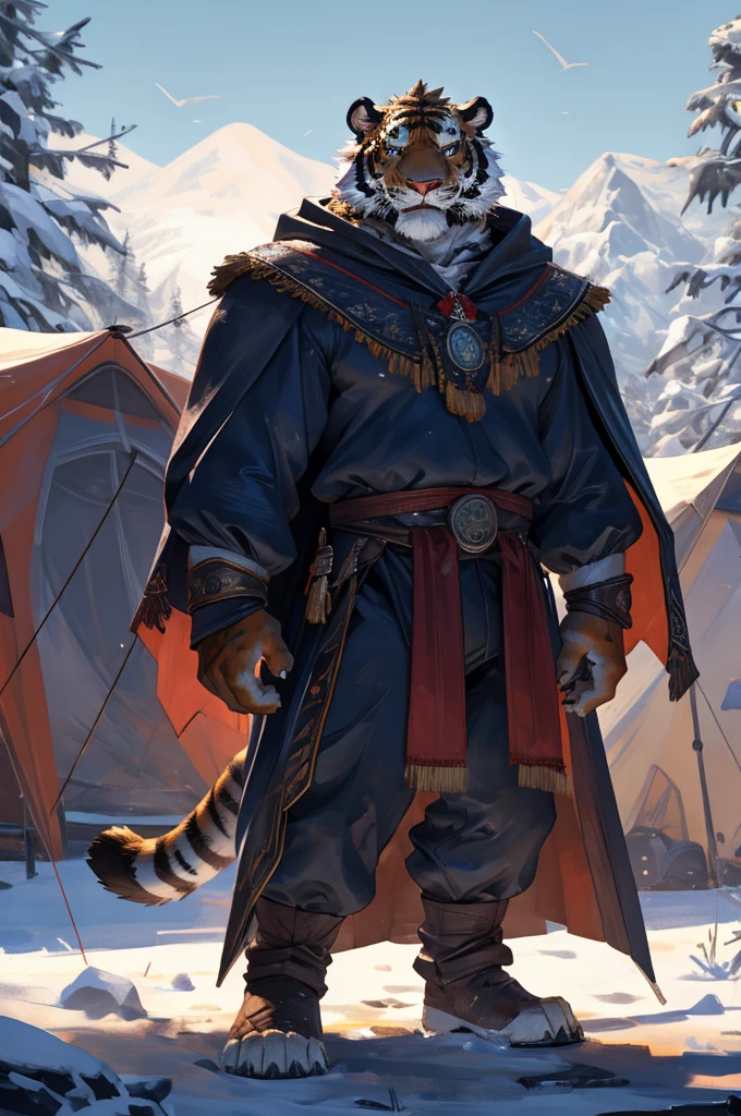 By taran fiddler, one male, solo, alone, tiger, looking at viewer, dad body type, one male tiger wearing a cloak, a cloaked tiger standing outside of a fabric tent, stern gaze on tiger, furrowed brows and serious expression, black pupils and white sclera, detailed facial expression, angry face, looking at viewer, going to open tent flap, outside of a tent, snowy background, dynamic angles, dynamic posing.
