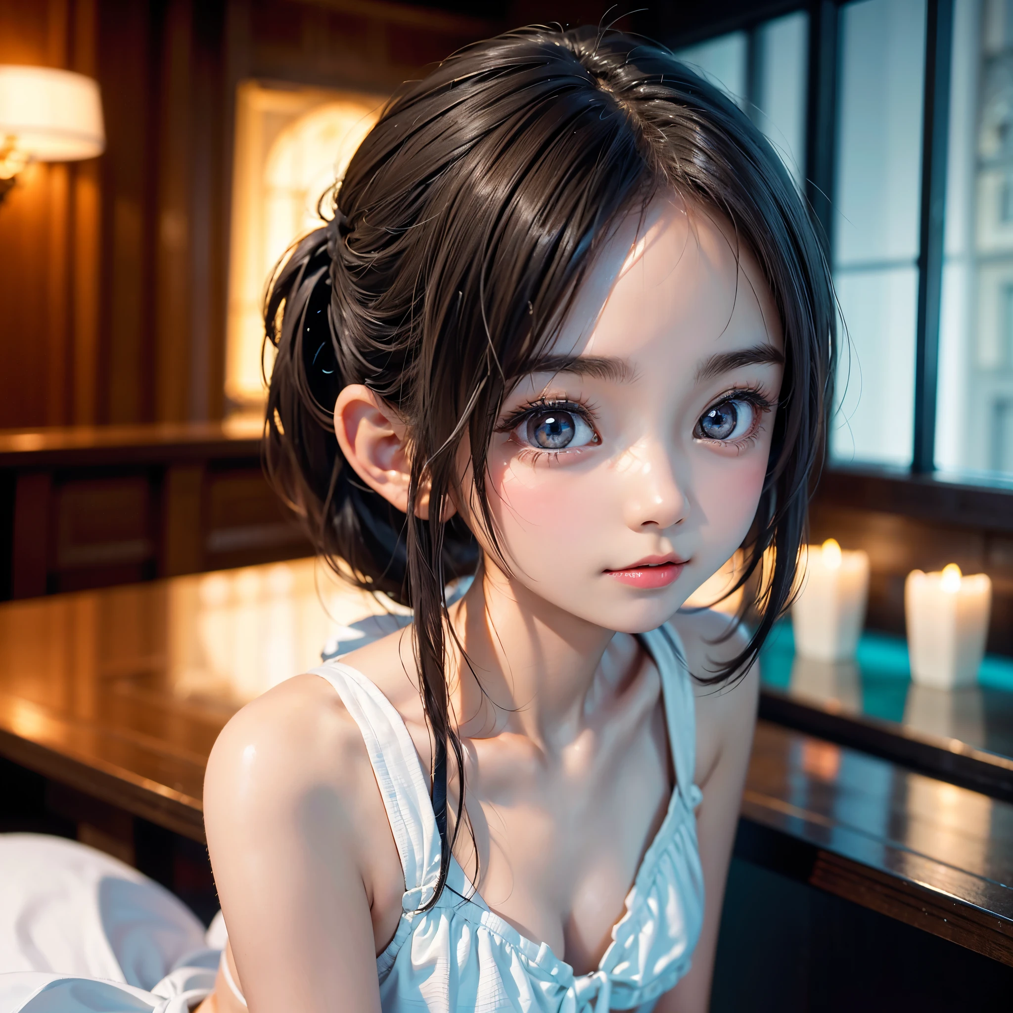 One Girl，(1人のとてもcute***:1.3)，masterpiece，Highest quality，High resolution，Photorealistic，RAW Photos，Ray Tracing，beautiful girl，(15 years old:1.3)，cute，Big eyes，(detailed pupils:1.2)，(The face is facing straight ahead:1.3)，Body facing forward，Beautiful nose，Fuller lips，Short black hair，ponytail，short hair，Detailed eyelashes，Thin eyebrows，Very fine grain definition，(Symmetrical eyes:1.3)，(Face close-up，Face Focus:1.0)，Small breasts，White swimsuit，White Bikini，The background is the sea，Portrait，View Viewer，Upper Body，Cinema Lighting，High resolution，Very detailed