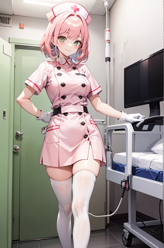 1girl, solo, nurse, white nurse cap, white nurse uniform, ((white legwear, zettai ryouiki)), white gloves, pink hair, green eyes, drooping eyes, smile, standing, ((hospital room)), sharp outline, short sleeves, best quality, masterpiece