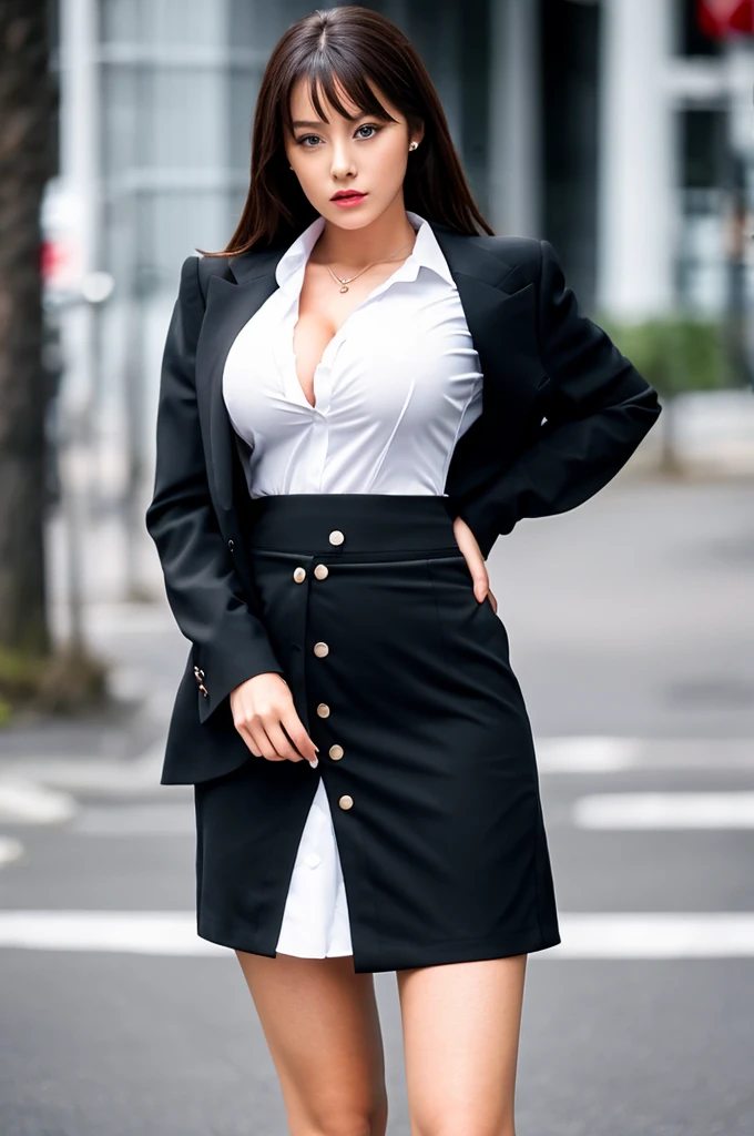 the most beautiful actress in the world, she is 18 years old, the perfect body proportions of this girl, her whole upper body including her large breasts is covered, blazer is firmly closed and buttoned on formal shirt, it's difficult for short skirt to cover panties between her bare legs because it is too short, her bare thighs, standing, best quality, highly detailed, masterpiece, ultra high res, photo realistic, 8k, street