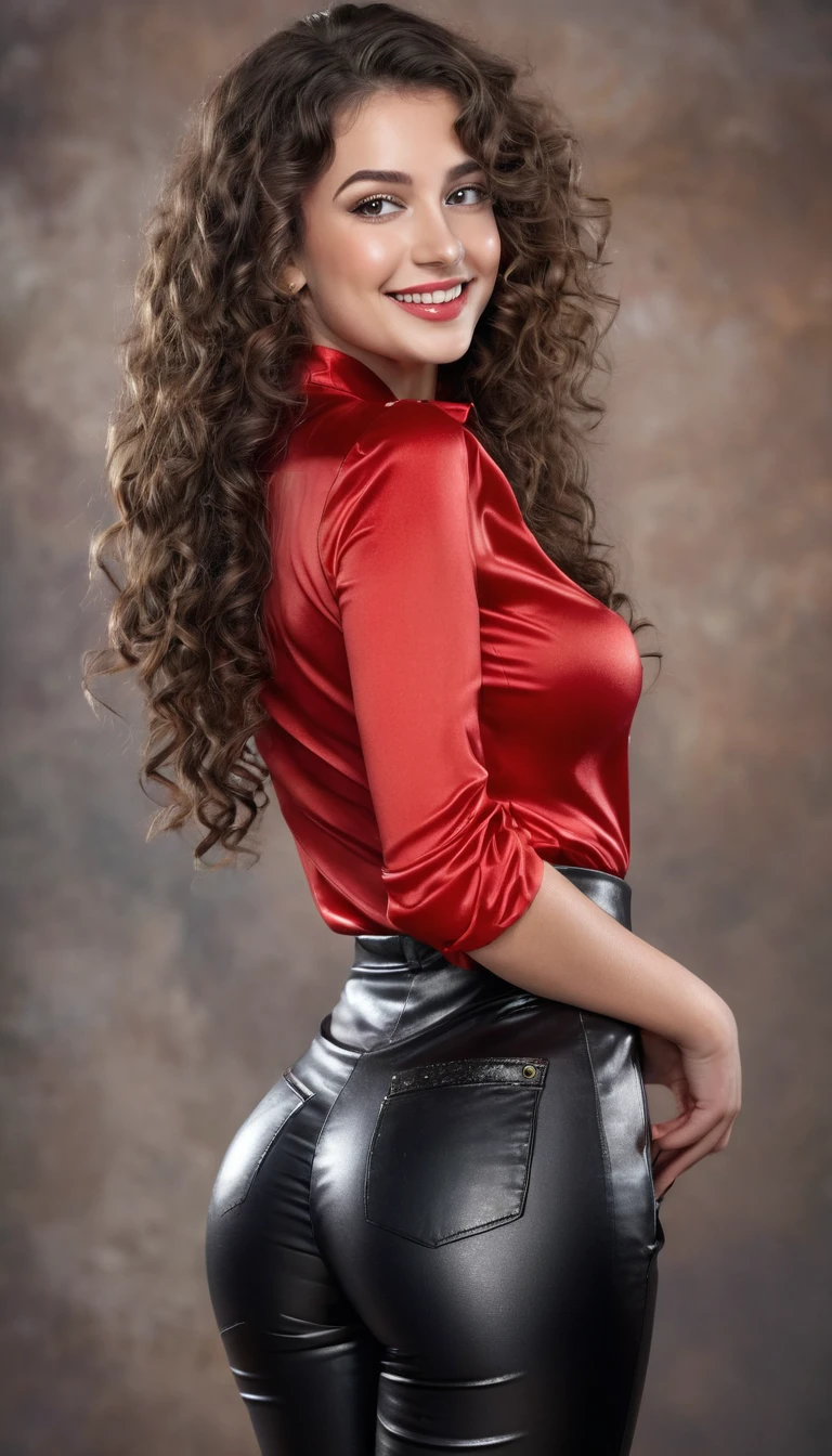 ultrarealistic high quality full body photo of a beautiful busty slim european 18-year-old woman with cute hyperdetailed shy face and natural dark brown ultra long curly hair with white strands and shy smile , realistic round hazel eyes, natural lips, dark eye makeup with eyeliner, wearing ultra shiny metallic leather flare pants and red satin blouse, hourglass body with round ass, outdoor photography, view from behind