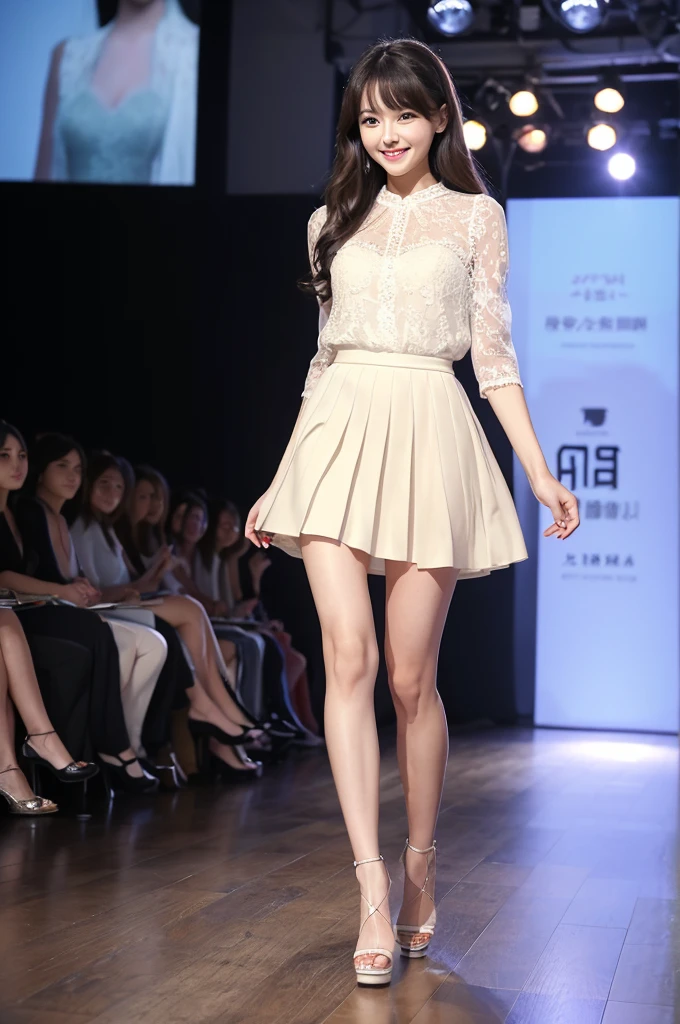 Amazingly large eyes、Smiling face、H cup bust、50cm waist、Slender and fair-skinned、Japan woman with long hair、20-year-old、Slim figure、Wearing a pale-colored pleated skirt and a sheer lace blouse、Wearing high heels。On the runway at a fashion show、Her whole body was shown, from her high heels to her head, as she walked towards the viewer.、Bright, photo-quality images。