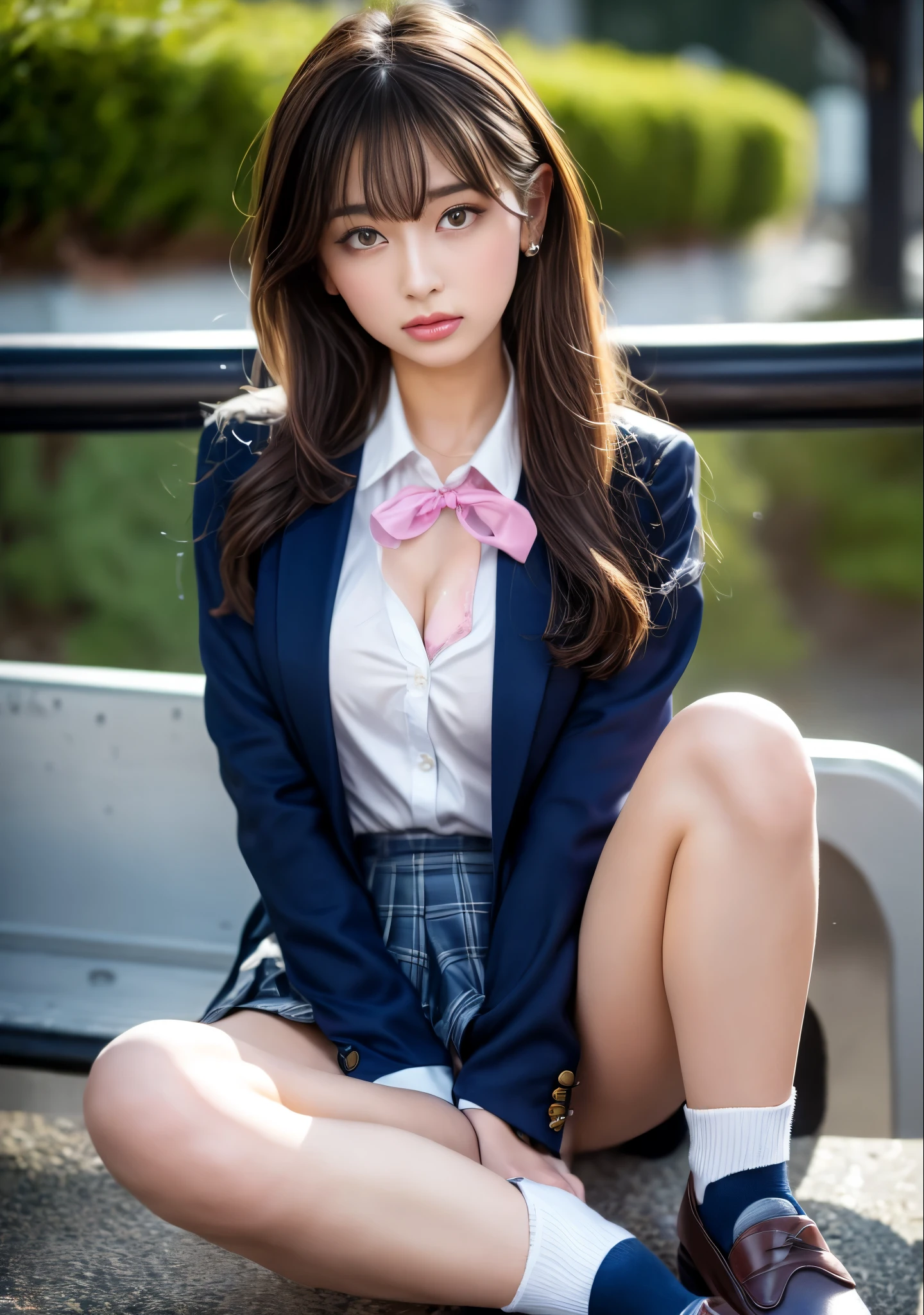 Highest quality、16K,　Ultra high definition、8K、masterpiece、(CANON R5, F1.8, ISO100, 45MP,1/4000)、One Girl、solo、１７age、j k、High school girls、Medium Long Hair、bangs、Brown Hair、Double eyelids、Long eyelashes、Lower lashes、Brown eyes、Watching the audience、Wearing a uniform、White shirt、Navy blue blazer、Green uniform ribbon around neck、Unbutton your shirt 1 : 1、A glimpse of her pink bra、Navy blue and white checked pleated skirt、A miniskirt that barely covers the top of the thighs、Thin arms、Long, slender legs、Navy blue socks、Black loafer shoes、Sitting on a bench in a station、Full Body Shot、Looking down at me with a provocative gaze、