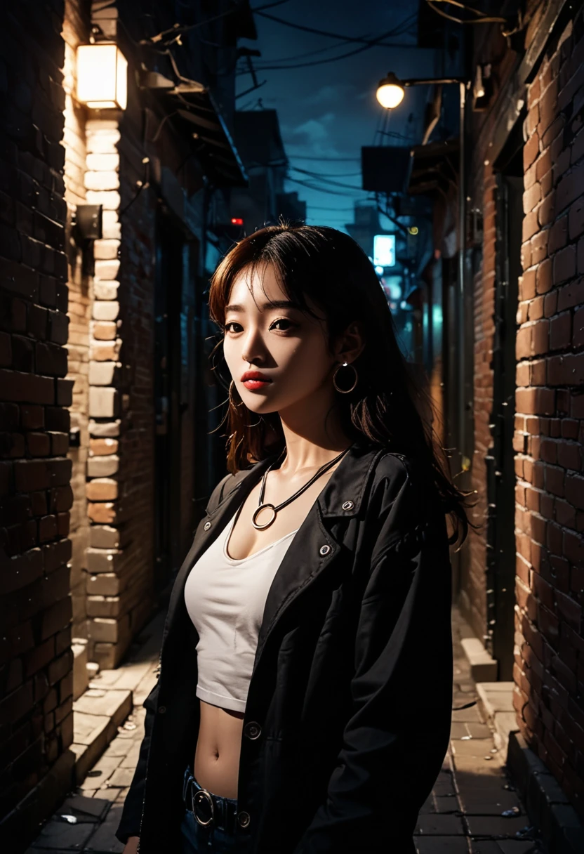 Fraction_9,Fraction_8_Direction_7_up,Every detail is exquisite,Korean,Korean pop music,
portrait,(shadow:1.4),night,Dark Alley,O-rings,