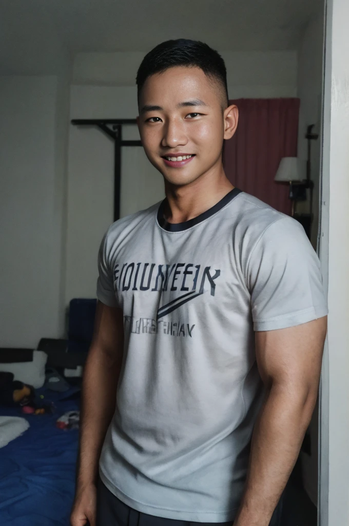 masterpiece, best quality, high resolution, realistic, handsome, photogenic, syahnk, SFW, a photo of a 35 year old room frat (man:1.2) portrait, standing in a bed room, military press, weights, stunning , short buzzcut hair,stubble head , (hypermuscle),looking at the viewer, flirting with the camera, charming, (t-shirt ),(GS-Masculine:1), 8K UHD, ยิ้ม