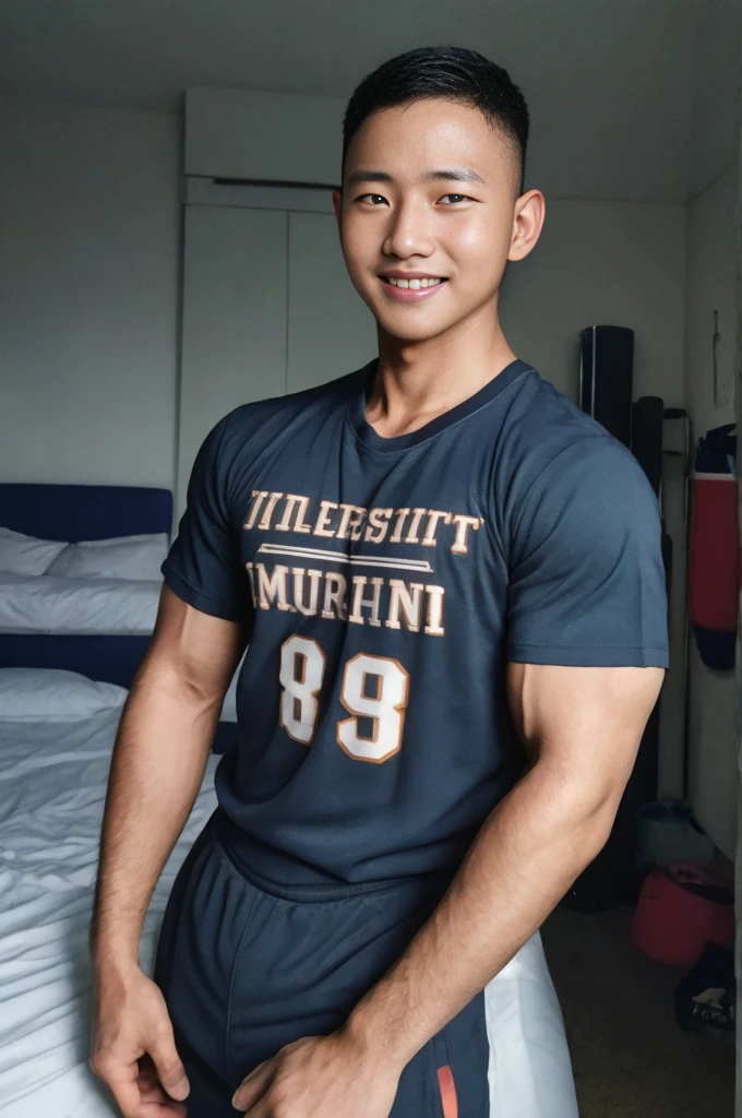 masterpiece, best quality, high resolution, realistic, handsome, photogenic, syahnk, SFW, a photo of a 35 year old room frat (man:1.2) portrait, standing in a bed room, military press, weights, stunning , short buzzcut hair,stubble head , (hypermuscle),looking at the viewer, flirting with the camera, charming, (t-shirt ),(GS-Masculine:1), 8K UHD, ยิ้ม