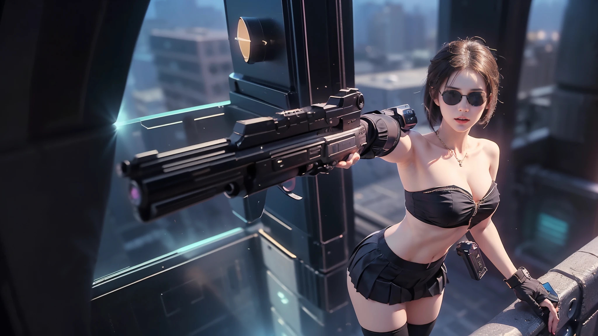 (aerial view). at night, futuristic sci-fi cyberpunk city, broad viaduct, skyscrapers at the end of the viaduct, the movie "13th Floor" style, hq. Matrix style, at night, (1girl, solo), photo realistic, (large-breast:1.2 slim body, cleavage:1.3), (((tube top, extreamly short pleated (((miniskirt))) exposing panty))), (((((matrix style black sunglasses))))), (((((aiming at camera with a (pistol)))))), (((half-body (thigh level) medium shot))), (cinematic lighting).