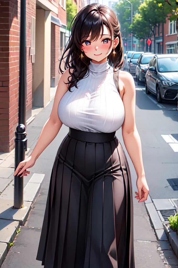 (high quality, High resolution, Fine details), Brick Street, Sunlight shining, break (Black knit sleeveless high neck), break White pleated long skirt, Flowing fabric, break Standing, alone, Curvy Women, Sparkling eyes, (Fine grain:1.2), Natural Makeup, Earrings, smile, blush, Sweat, Oily skin, Soft colors, Breeze, Bokeh, Shallow depth of field