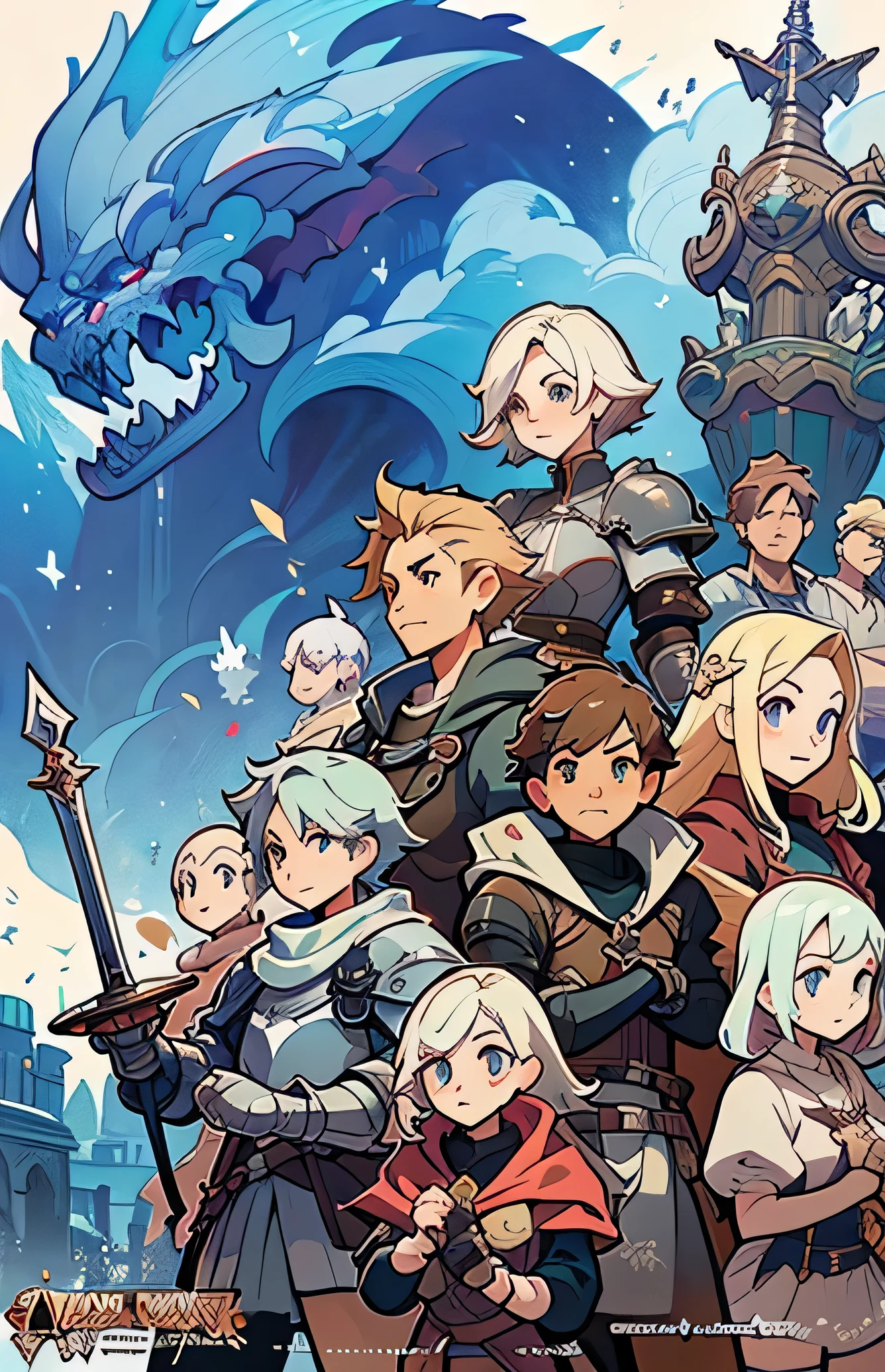 a group of people with swords and armor standing in front of a sky, granblue fantasy, final fantasy 14 style, final fantasy fan art, crisp clear rpg portrait, ffxiv heavensward, final fantasy style, final fantasy 1 2 style, final fantasy xiv: endwalker, key art, final fantasy artwork concept, ffxiv, from final fantasy, detailed key anime art, best quality, there are many people in a field with a castle in the background, key art, final fantasy artwork concept, hq artwork, square enix cinematic art, boris valejo. octopath traveler, high detailed official artwork, final fantasy 1 4, final fantasy xiv, final fantasy 14 style, game key art, ffxiv, final fantasy 14 sharp, rpg artwork, masterpiece, high quality, best quality, high detail, perfect draw, official artwork, detailed cover artwork, key art, promo art, album art, front cover of a new video game, enhanced, official art, anime cover, board game cover art, promotional art, box art, album art cover, game cover, battle chasers, official anime artwork, album cover, high quality face, high quality hand, by bestiary_style, males and females, fantasy rpg, warrior, armor, sword, high detailed faces, multicolor eyes,