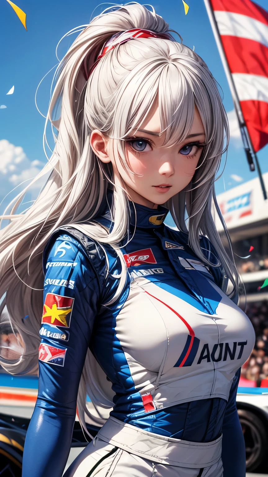 Highest quality, Super quality, 16K, Incredibly absurd, Very detailed, 2.5D, delicate and dynamic, blue sky, Confetti, Racing Car, Flag, Small face, Extremely delicate facial expression, Delicate eye depiction, Extremely detailed hair, Upper body close-up, erotic, sole sexy Japanese lady, healthy shaped body, 22 years old lady, Race Queen, huge firm bouncing busts, white silver long hair, sexy long legs, Glowing Skin, , 派手なRace Queenのコスチューム, blue tight skirt, white leather long boots, Formula 1, Auto Racing Track