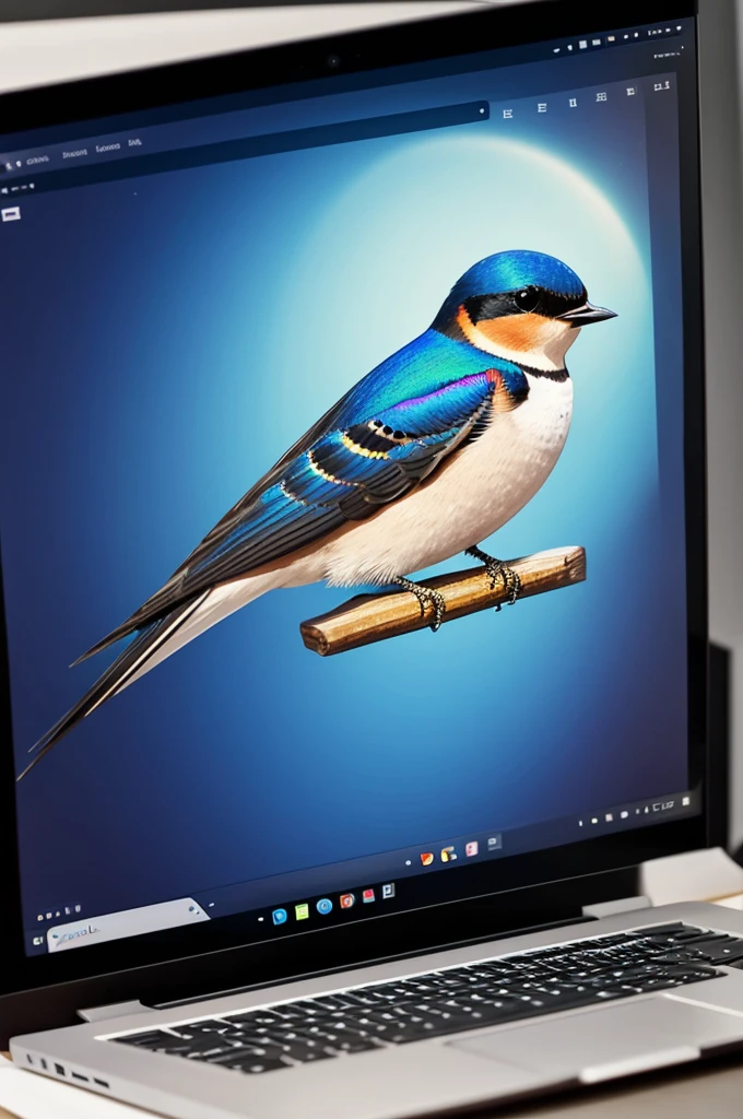 Create an image of a swallow with an illustration background of web development code on a laptop screen. There is a logo number 94.