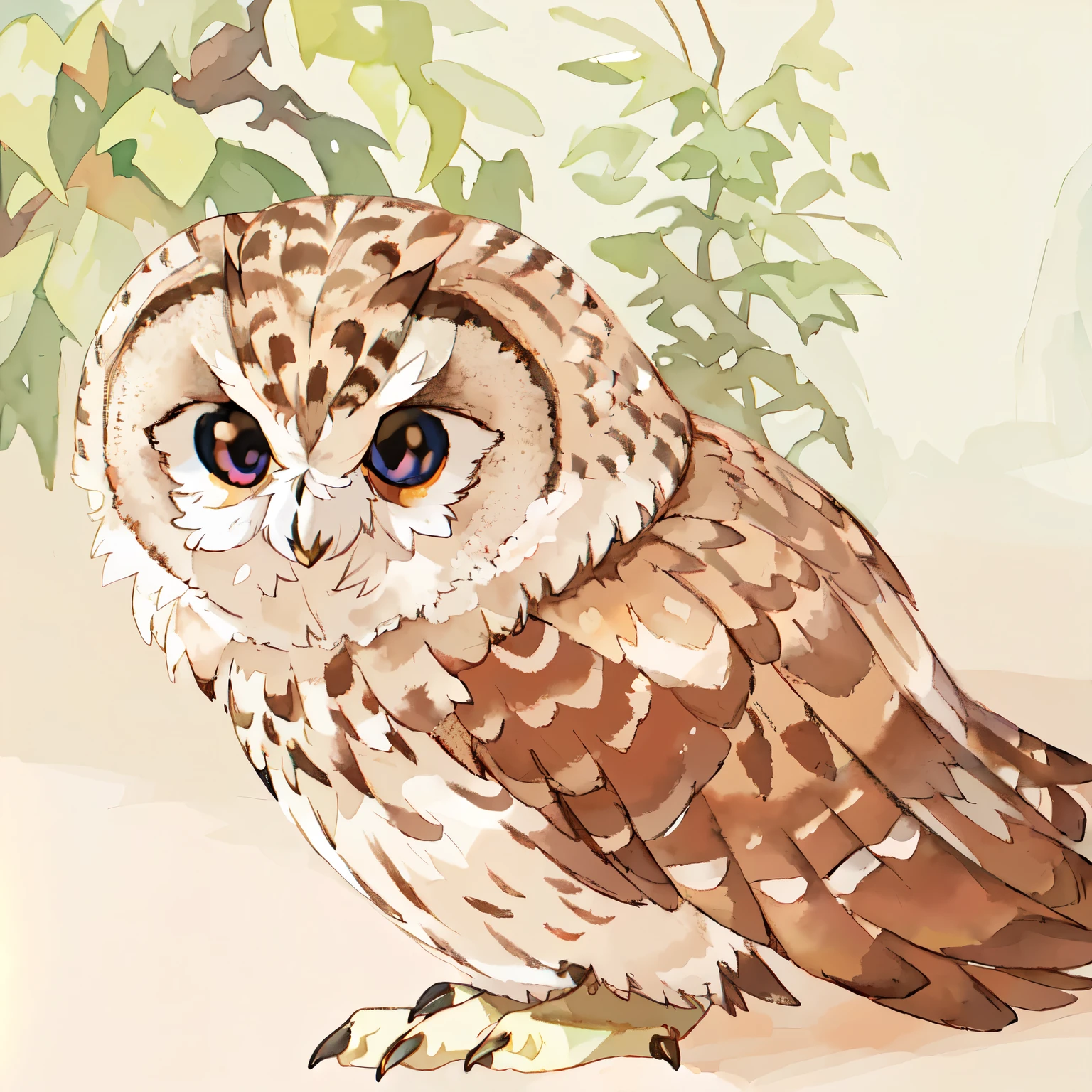 テーブルの上に座っているowlの絵があります, かわいいふわふわのowlと一緒に, かわいいowl, 最も賢いowl, owl, Wild Animal Illustrations, Highly detailed digital painting, Full color illustrations, Realistic illustrations, High-quality portraits, Adorable digital painting, owlの羽, photoRealistic illustrations, 非常に小さなowl, Watercolor digital painting, Created by Anime Painter Studio,there is a small owl sitting on the floor next to a plant, with a cute fluffy owl, an owl, cute owl, the wisest of all owls, owl feathers, very very small owl, Big eyes, radiant owl, Close-up photo, owl, jumping spider mixed with owl, museum quality photo, hyperrealistic robot owl, owl studio, High resolution photos