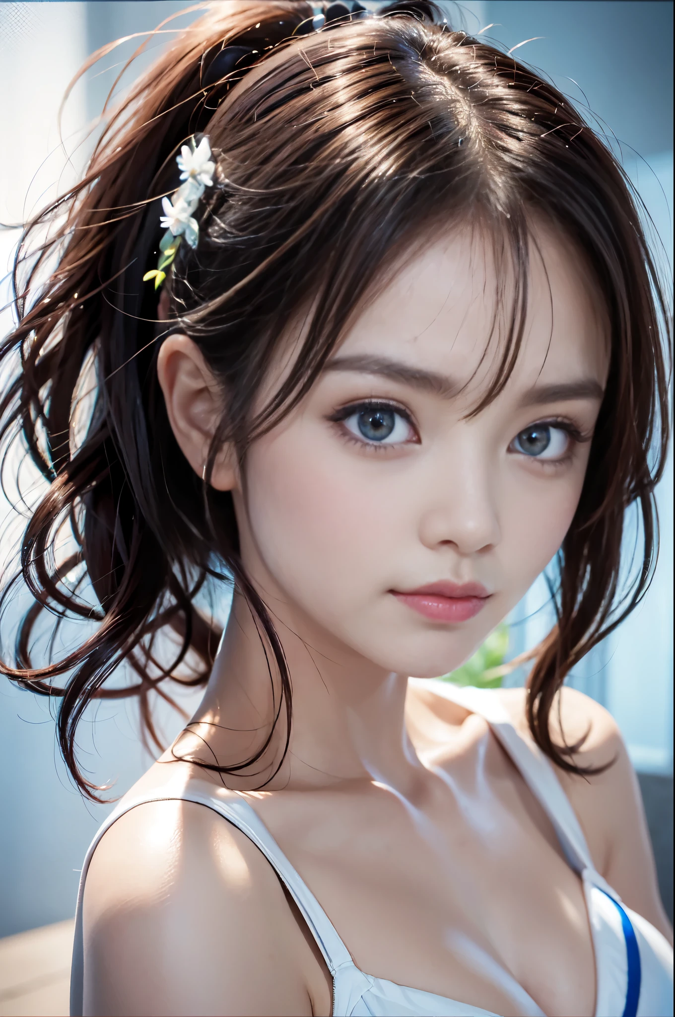 there is a young girl with a ponytail and a blue top, Realistic Young Gravure Idol, twintails hairstyle, beautiful japanese girls face, girl cute-fine-face, cute natural anime face, chiho, twintails, Shiori Teshirogi, 奈良美智, shikamimi, Extremely beautiful face, ultra beautiful face