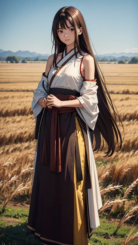 A 17-year-old girl with shoulder-length brown hair. turned around, wearing ancient clothes while holding his katana with his right hand. Standing on a wheat field. skinny.