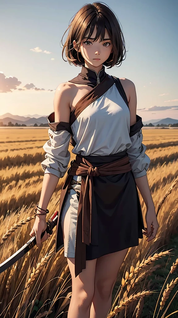 A -yeld giwith shoulder-length brown hair. turned around, wearing ancient clothes while holding his katana with his right hand. Standing on a wheat field. skinny.
