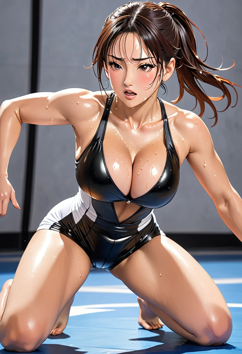 (top-quality manga:2.4),(Perfect Beautiful Face 2.2),(Perfect and beautiful posture:2.2),freestyle wrestling suit wet with sweat,(sweat in cleavage:2.2),(Abnormal sweating:2.2),large full breasts,2  Female freestyle wrestling athlete ,cute face, nice legs, showing their ground techniques in a fight on the graund