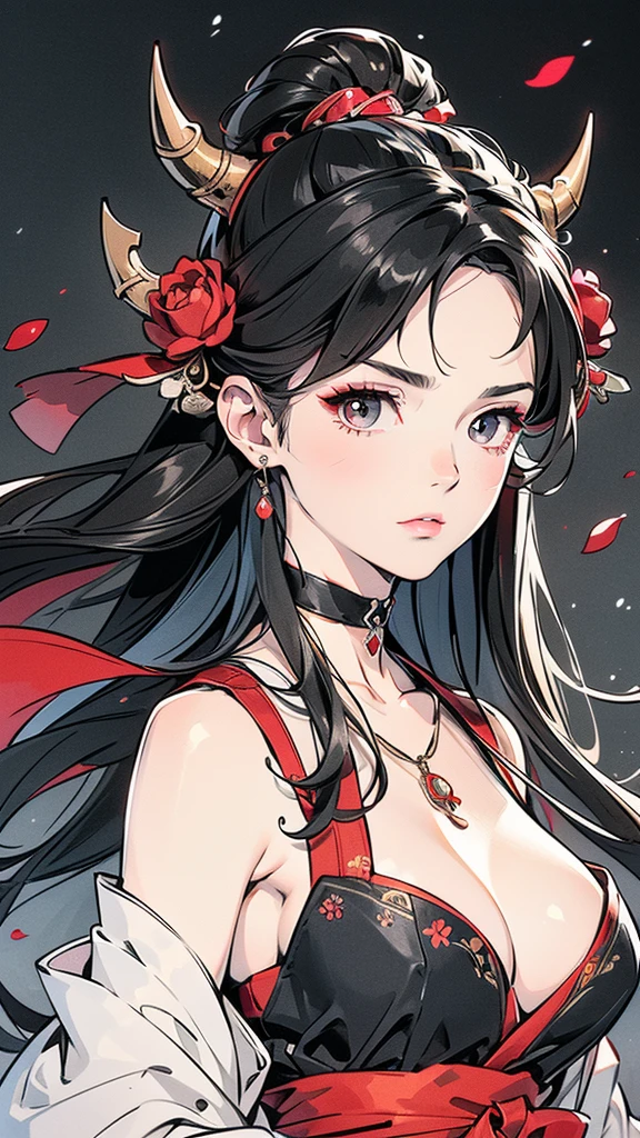 Seven Rhaeyar (Deylta), Ancient Star goddess, Perfect female anatomy (Royalty, Adult Female, 166cm in height, Cool pale skin, slim, slender, 34D breast size, Long Jet Black Hair, Gray Colored Iris , a set of Jet black colored horns on her head), Neutral facial expression, Elegant black uniform dress, female choker accessory with silver complimentary jewelry, dragon motifs, Black rope accessories, Simple Black Background, receiving light from the front, the focal point is her face, Ethereal glow, Red Rose petals falling, Japanese inspired, bring her very close up, face image, detailed features, high quality resolution, shoulder up portrait  