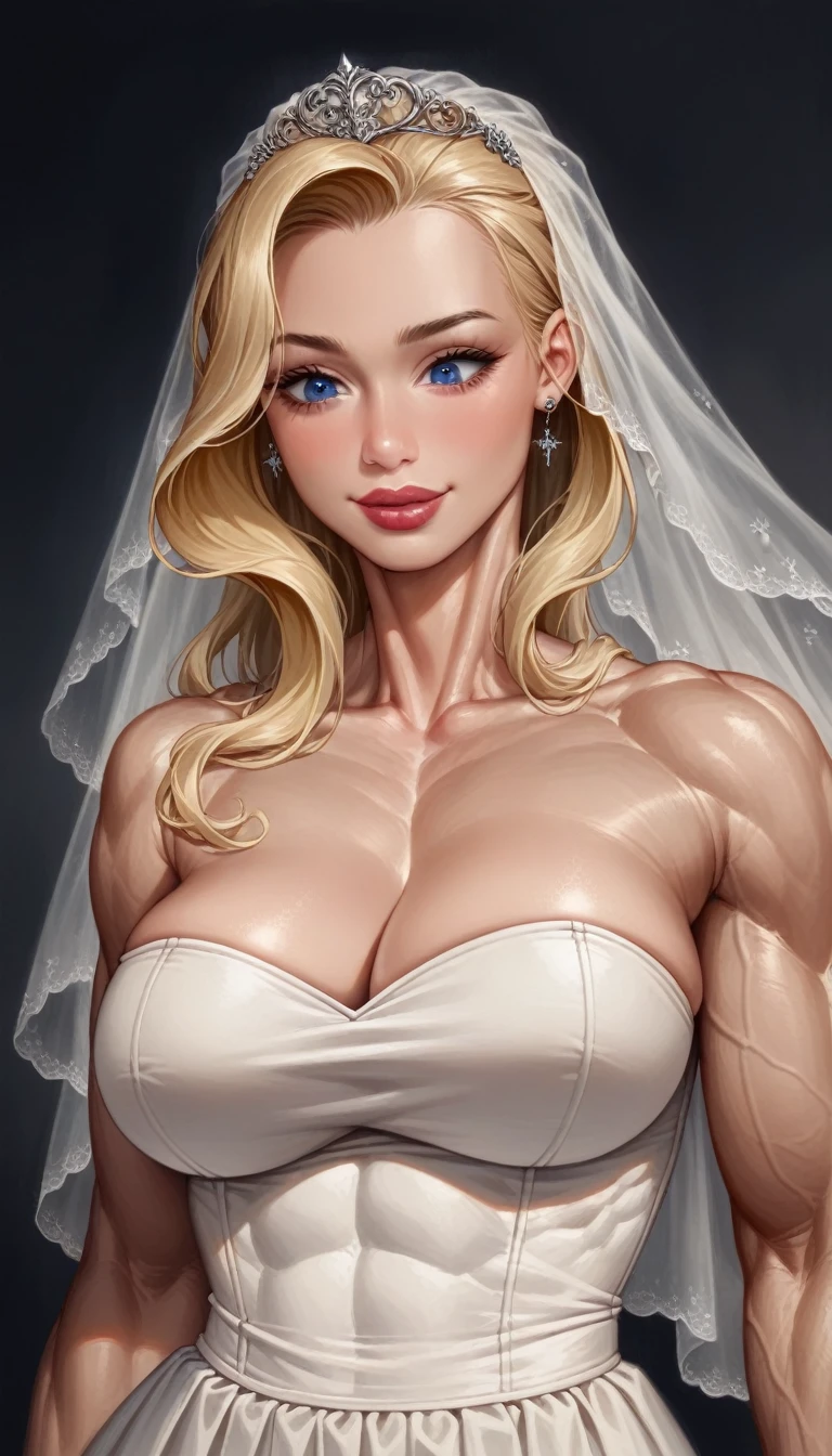 woman looking down (very muscular large breasts)(close up of a beautiful blonde bride lower angle )hyperrealistic art cinematic film still lower angle photography in the style of detailed hyperrealism photoshoot . () Extremely high-resolution details, photographic, realism pushed to extreme, fine texture, incredibly, wide smile big lips lipstick, (very muscular with long neck huge breasts:2.0) blue eyes