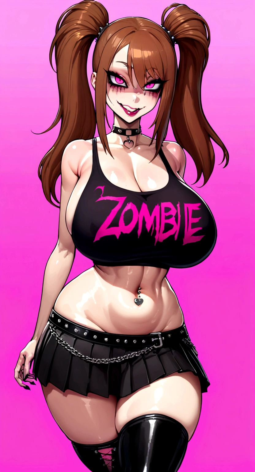 big lips, Brown hair, pink eyes, japanese face, improve, improve grin, two sides up, huge breasts, Wide hips, sexy, detailed, pink room, Hits, (evil smile1.4), kawaii, pleated skirt, punk, GOOD, zombie costume, zombie shirt, zombie choker, zombie skirt, dezombie shirt,navel piercing