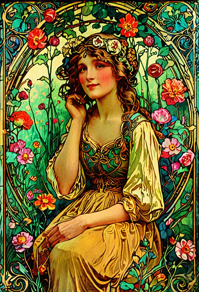 (best quality,4k,highres,ultra-detailed,masterpiece:1.2),Alfons Maria Mucha style illustration,lush garden with vibrant flowers,intricate botanical details,ornate Art Nouveau patterns,whimsical elegance,vibrant colors and natural beauty,pastel shades and gold accents,serene expression,(plant line art:1.3),(curvilinear forms:1.3)