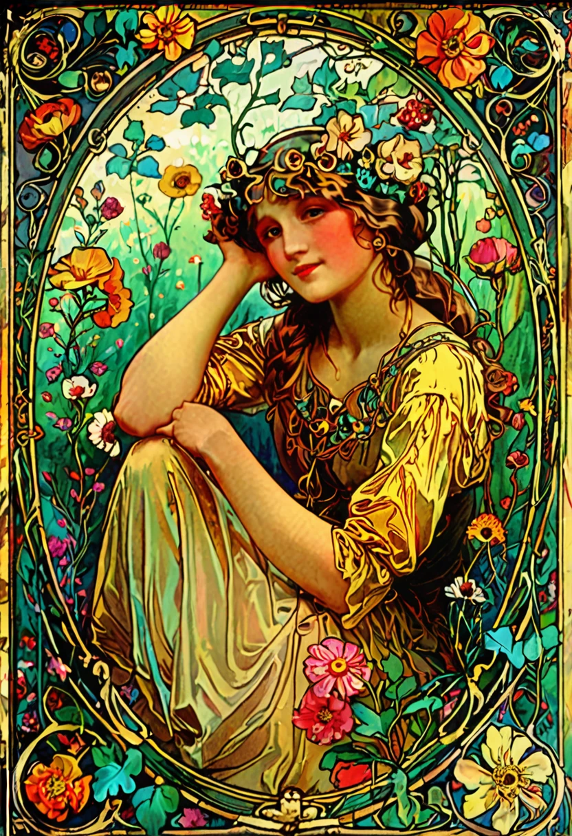 (best quality,4k,highres,ultra-detailed,masterpiece:1.2),Alfons Maria Mucha style illustration,lush garden with vibrant flowers,intricate botanical details,ornate Art Nouveau patterns,whimsical elegance,vibrant colors and natural beauty,pastel shades and gold accents,serene expression,(plant line art:1.3),(curvilinear forms:1.3)