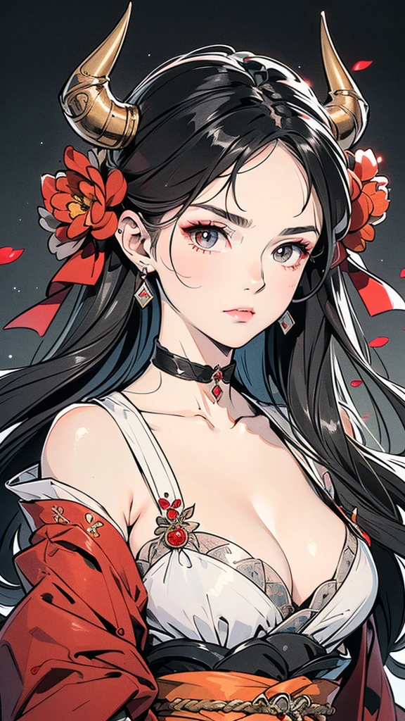 Seven Rhaeyar (Deylta), Ancient Star goddess, Perfect female anatomy (Royalty, Adult Female, 166cm in height, Cool pale skin, slim, slender, 34D breast size, Long Jet Black Hair, Gray Colored Iris , a set of Jet black colored horns on her head), Neutral facial expression, Elegant black uniform dress, female choker accessory with silver complimentary jewelry, dragon motifs, Black rope accessories, Simple Black Background, receiving light from the front, the focal point is her face, Ethereal glow, Red Rose petals falling, Japanese inspired, very close up face image, detailed features, high quality resolution