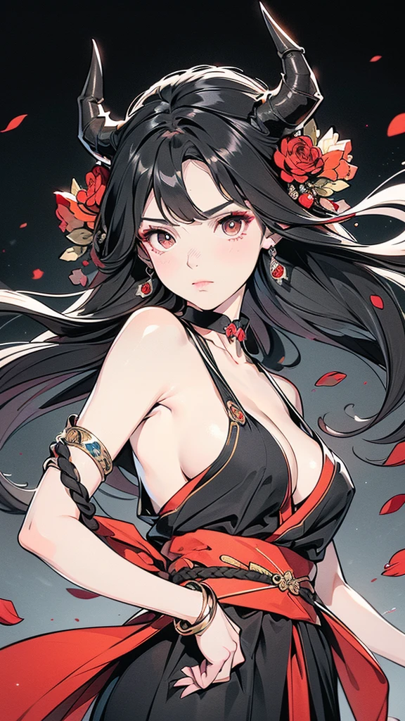 Seven Rhaeyar (Deylta), Ancient Star goddess, Perfect female anatomy (Royalty, Adult Female, 166cm in height, Cool pale skin, slim, slender, 34D breast size, Long Jet Black Hair, Gray Colored Iris , a set of Jet black colored horns on her head), Neutral facial expression, Elegant black uniform dress, female choker accessory with silver complimentary jewelry, dragon motifs, Black rope accessories, Simple Black Background, receiving light from the front, the focal point is her face, Ethereal glow, Red Rose petals falling, Japanese inspired, very close up face image, detailed features, high quality resolution