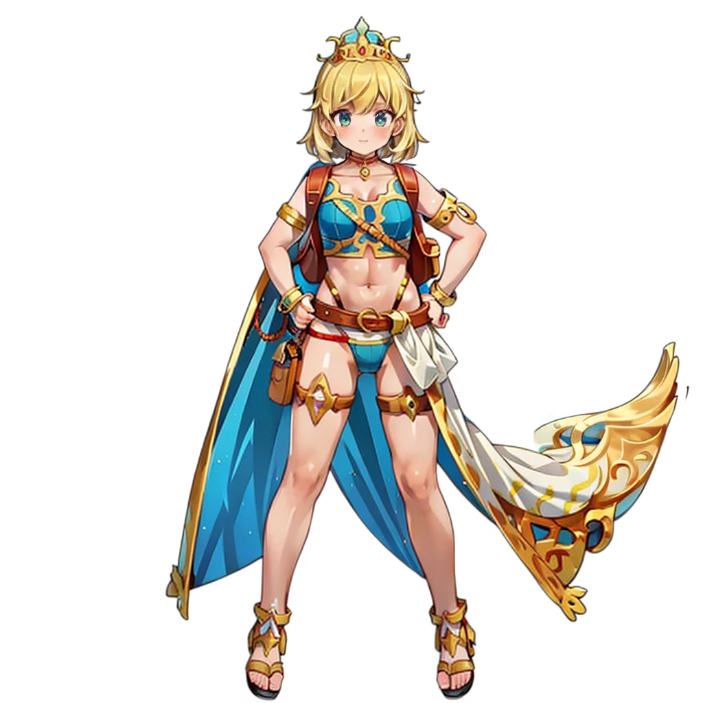 full body, whole body. 1solo (girl). slave fighter, loincloth standing, hands on hips, metal sandals, backpack, choker, big belt, view from below, feet together, bracers, tiara,Angel&#39;s wing
