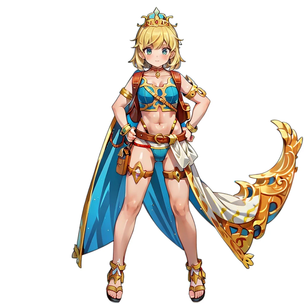 full body, whole body. 1solo (girl). slave fighter, loincloth standing, hands on hips, metal sandals, backpack, choker, big belt, view from below, feet together, bracers, tiara,Angel&#39;s wing
